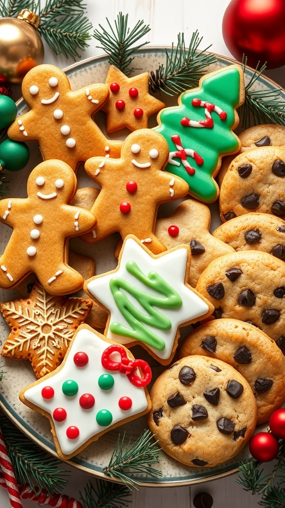 An assortment of Christmas cookies including gingerbread men and decorated sugar cookies on a festive platter.
